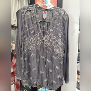 Johnny Was Grey Embroidered Blouse